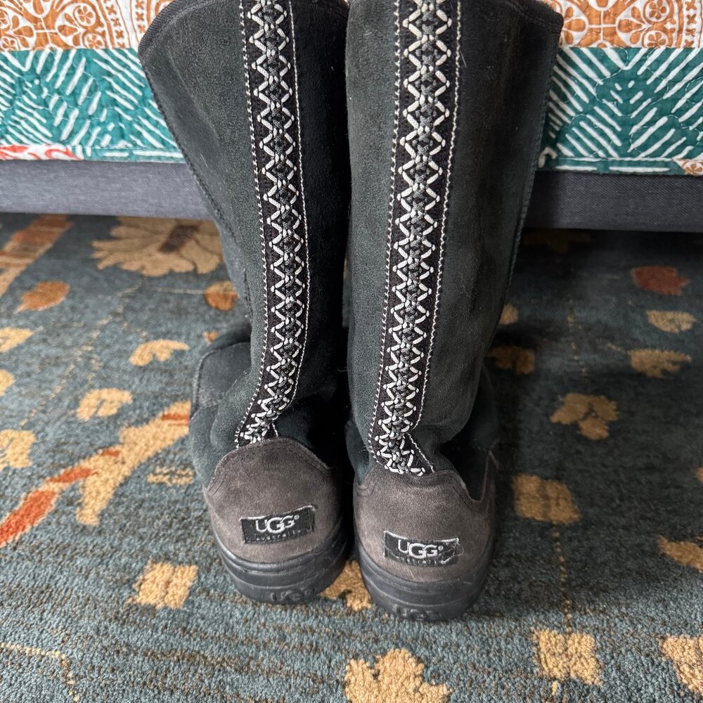 UGG Black Tall Suede Winter Boots with White Stitching